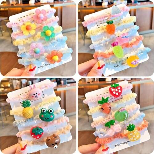 5 Pcs/Set Children Cute Colors Cartoon Fruit Flower Elastic Hair Bands Girls Mesh Lace Rubber Bands Kids Lovely Hair Accessories