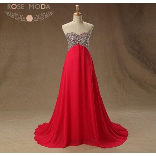 Rose Moda Red Prom Dress Crystal Long Prom Dresses Formal Party Dress for Xmas 2019