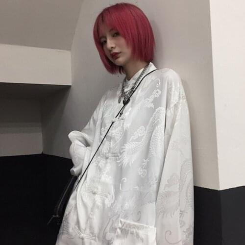 Harajuku Chinese Dragon Shirt Blouse Women Dragon Print Cheongsam Top Chinese Style Punk Design Tops Oversize Streetwear KK3690