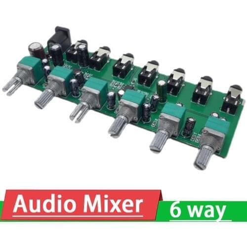 Stereo six-way Audio input multi-channel one output sound Mixer stereo mixing board volume control 3.5MM for Headphone Amplifier