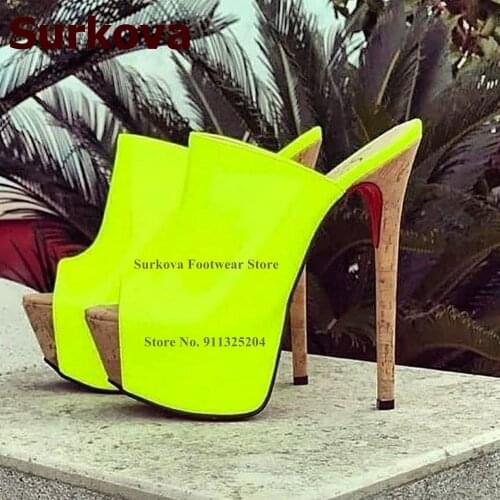 Surkova Wooden Heel Platform Dress Sandals Neon Yellow Pink Patent Leather Sky High Heel Slippers Sexy Slip-on Banquet Shoes