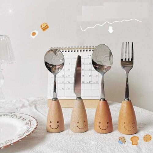 Creativity Japanese Stainless Steel Fork With Wooden Handle Smiley Pattern Western Tableware Steak Spoon Fork Kitchen Accessorie