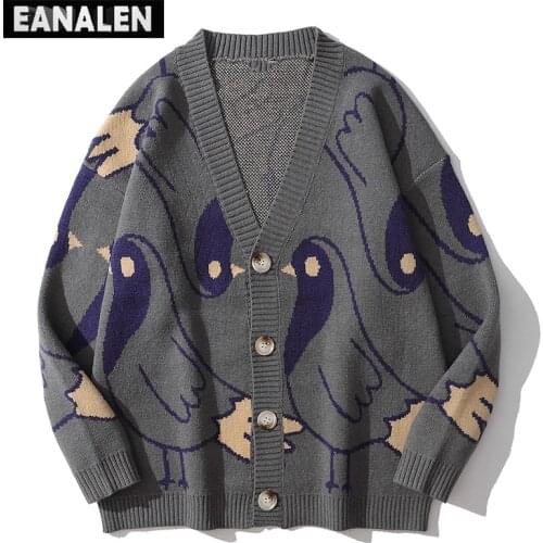 Harajuku animal pigeon graphic knitted sweater women fashion color contrast vintage grandpa sweater cardigan men sweat