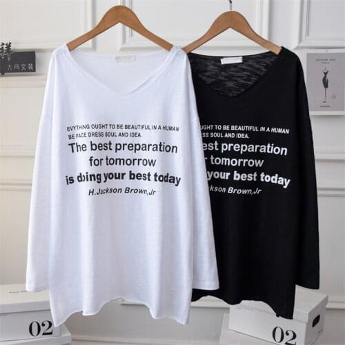 Womens V Neck Oversized Tee Shirt Plus Size Long Sleeve Letter Printing Cotton Oversized Pullover Tops White