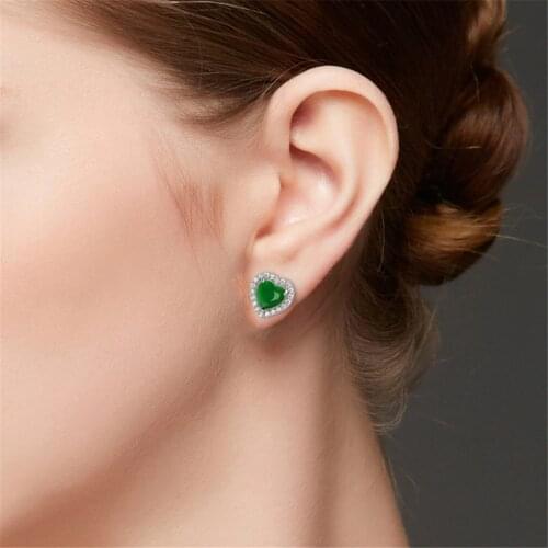 Emerald gemstones green jade stud earrings for women heart white gold silver color zircon diamonds party crystal jewelry bijoux