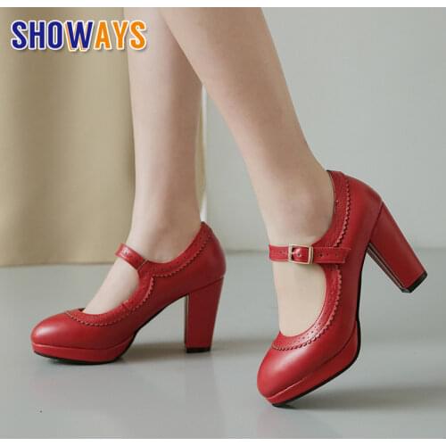 Plus Size Sweet Mary Janes 8cm High Chunky Heels Red Pink Black Fretwork Casual Party Office Lady Round Toe Women Platform Pumps