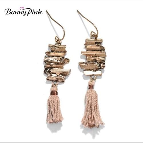 Banny Pink Vintage Alloy Geo Pendant Earrings For Women Bohemia Statement Tassel Earrings Ethnic Long Fringe Earrings Pendientes