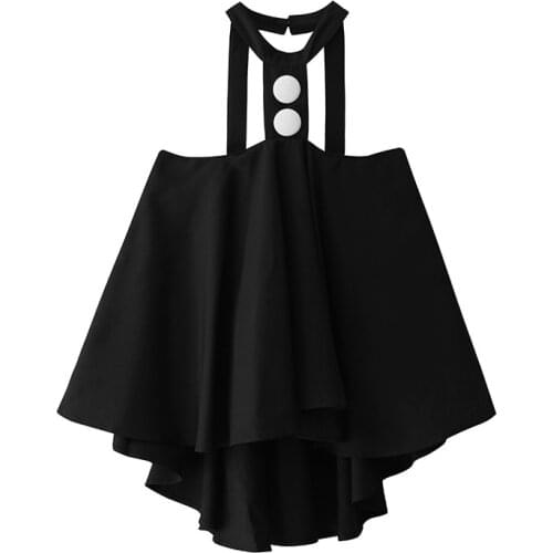 PERHAPS U Black White Sleeveless Halter Button Sarafan Tops Women Female Asymmetrical Mermaid Tees B0615