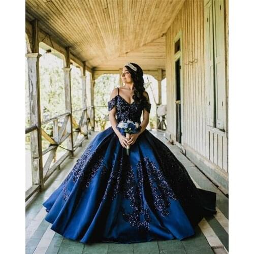 2021 Dark Navy Puffy Ball Gown Quinceanera Dresses Beads Sweet 16 Dress Vestido De 15 Anos Quinceanera 2021