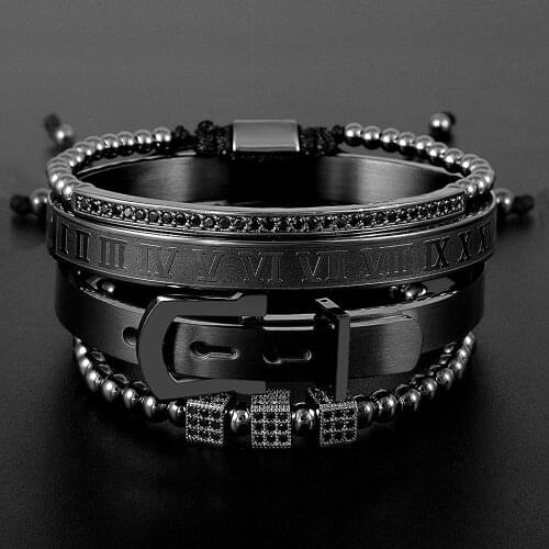 Zaer 4pcs/Set Men Titanium Steel Roman Numeral Beaded Bracelets Horseshoe Buckle Bangles Boy Pulseria Luxury Handmade Jewelry