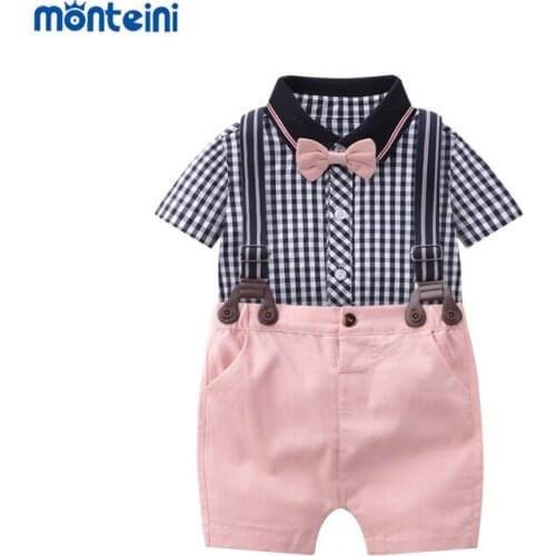 Newborn Suit Baby Boy Plaid Shirt Clothing Set Handsome Shorts Sleeve Tops+Overalls Boys Belt Infant Children Outfit Clothes