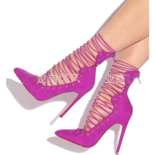 Hot Selling Pink Suede Cross Strap Pumps Women Shoes Pointed Toe Back Zipper Women Shoes High Heels Customized Real Photo