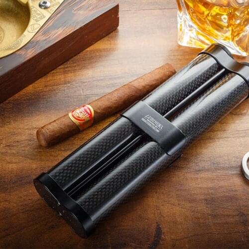 LUBINSKI Professional Carbon Fiber&Metal Cigar Tube Hydrating Case W/Humidifier for 2/3 Cigars of 60 Ringage Fit COHIBA