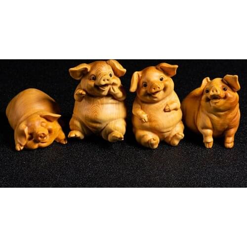 Small Lovely Four Pigs Animals Wood Statue Carving Creative Crafts Car Decors Decoration Feng Shui Handmade Wood Statues