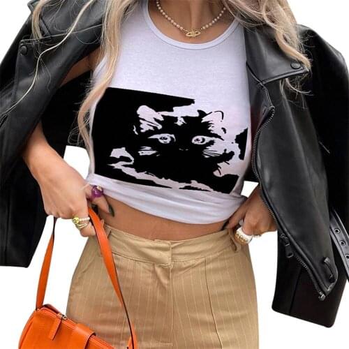 Womens Round Neck Tank Tops Summer Sleeveless Cat Graphic Slim Fitted Camisole Girl Sexy Cropped Tops New Style