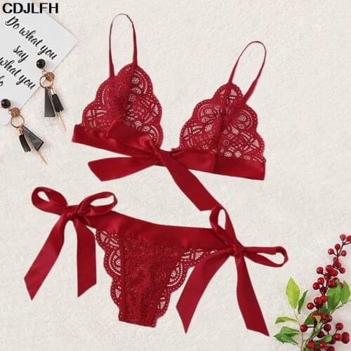 Kawaii Lace Scallop Bra And Panty Set Sexy Bow Lingerie Open Bra & Women Transparent Pantie Female Red Bra Sets Lenceria Mujer