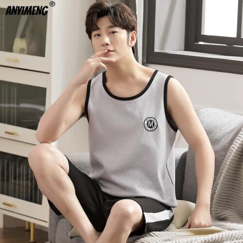Fashion Pajama Set Men Summer Shorts Plaid Bottom Sleeveless Vest Two Pieces Men Nightwear Sporty Embroidery Badge Cool Pajamas