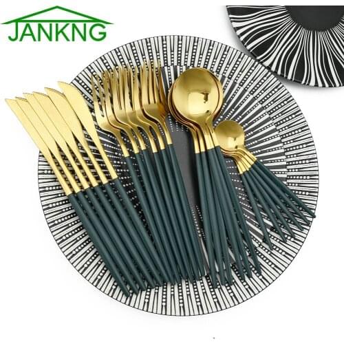 24Pcs Stainless Steel Dinnerware Set Kitchen Green Gold Cutlery Set Knife Fork Spoon Flatware Tableware Minimalist Silverware