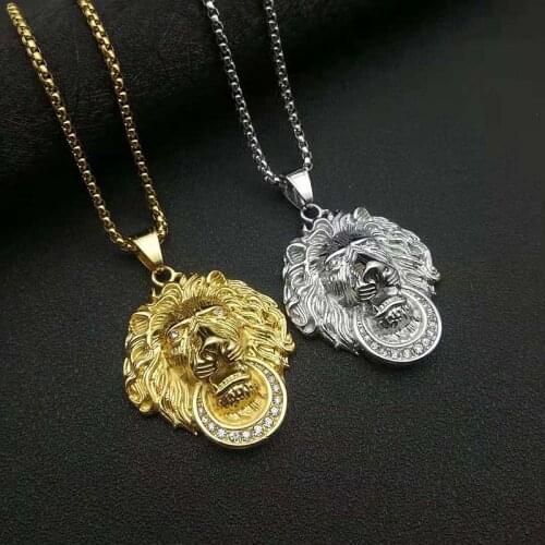 Mens Women Iced Out Cubic Zircon Bling Animal Lion Necklace & Pendant Gold Silver Color Stainless Steel Hip Hop Jewelry