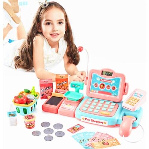 Durable Cash Register Toy Pretend Play Educational Toy With Scanner Sound Music Microphone Calculator Play Money&Grocery Toy