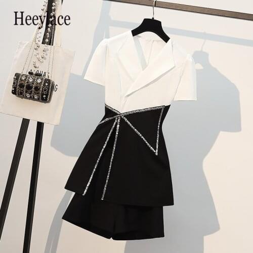Plus size office ladies elegant set for women Summer short sleeve sequined patchwork shirt dress and shorts 2 pieces set korean