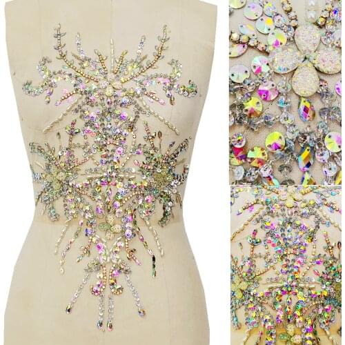 Handmade clear AB colour sew on rhinestones applique patches handsewing beads stones dress accessory