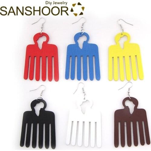 SANSHOOR 6 Colors Comb Wooden Drop Earrings With Hollow African Motherland Map Afrocentric Ethnic Jewelry As Women Gifts 6Pairs