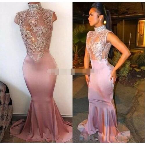 Sexy Mermaid Prom Dresses High Neck Sleeveless Illusion Crystal Appliques Satin Sparkle Pink African Black Girl Party gown ZP043
