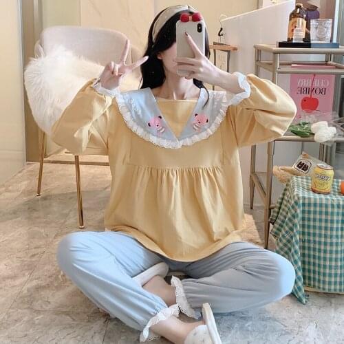 Spring Autumn Maternity 100% Cotton Long Sleeve Nursing Pajama Pregnant Women Homewear Sets Breast-feeding Underwear Suits