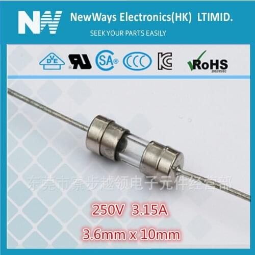 50PCS/Lot 3.15A Glass fast Fuse 3.6*10mm 3.15A 250V with lead wire Fuse