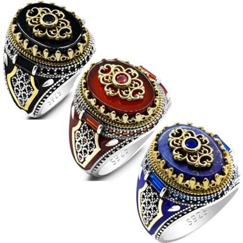 Turkey Jewelry Men Ring with Multi-color Natural Agate/Lapis Stone 925 Sterling Silver Vintage Crown CZ Enamel Rings Jewelry