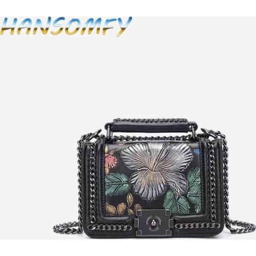 HANSOMFY 2019 Fashion Women Bag Panelled Vintage Flower Girls Bags for Girls Black PU Leather Women Chain Messenger Bags ML-79