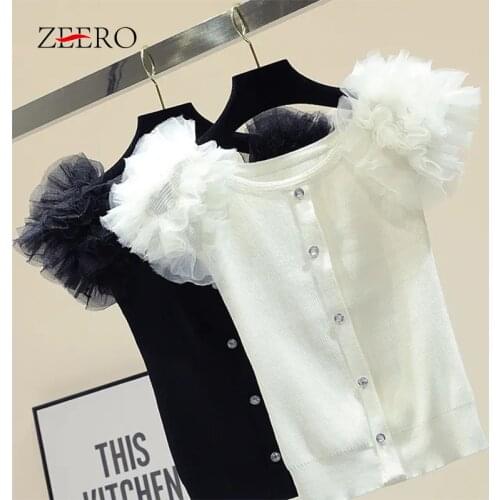 Women Shirt Knit Summer Fashion 2021 Womens Slim Short-sleeved Button Gauze Ruffles Shoulder Knitted ShirtsTops Womans Tops