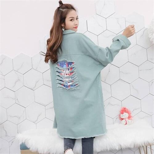 Ladies Denim Jackets Women Spring Turn Down Collar Hole Long Sleeve Casual Denim Jacket Women Jeans Coat Outerwear