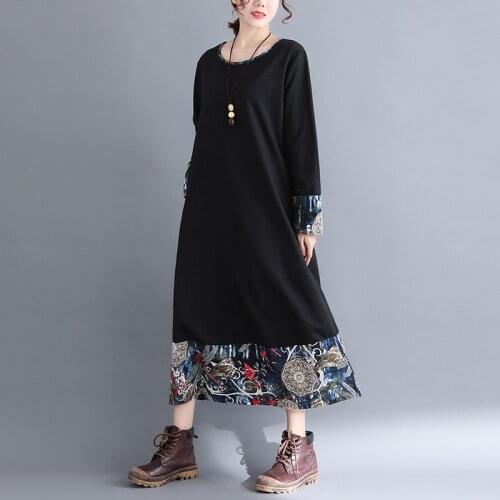 Johnature New 2021 Cotton Linen Vintage Women Dresses Autumn O-Neck Solid Color Patchwork Print Loose 3 Colors Dresses