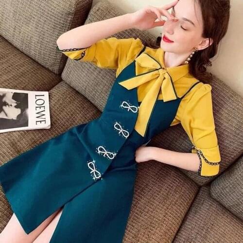 Strap Dress Bow Shirt 2021 Women Summer Clothes Set High Waist A-Line Dress Fashion Top Elegant 2 Two Piece Female Casual Suit