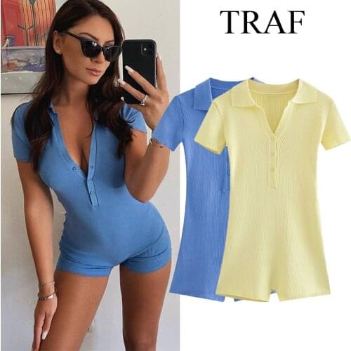 TRAF ZA 2021 Women Knitted Jumpsuit Fashion Women Short Sleeves Chic Romper one piece outfit Shirt Style Short playsuit Female