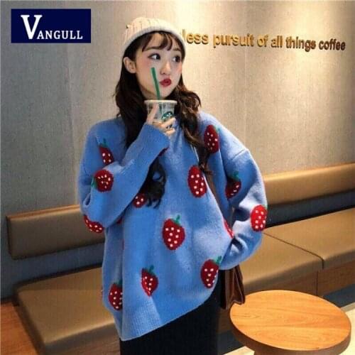 Vangull Strawberry Knitted Sweater Women Pullover Winter New Loose Thicken Warm Knitted Casual Korean Sweet O-neck Sweater Tops