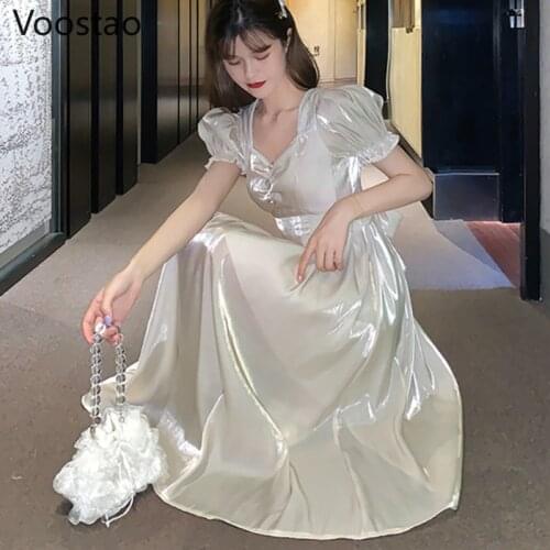 Summer Women Sweet Chic Square Collar Puff Sleeve Lace-up Ruffles Fairy Dress Female Elegant Party Pearlescent Swing Dresses