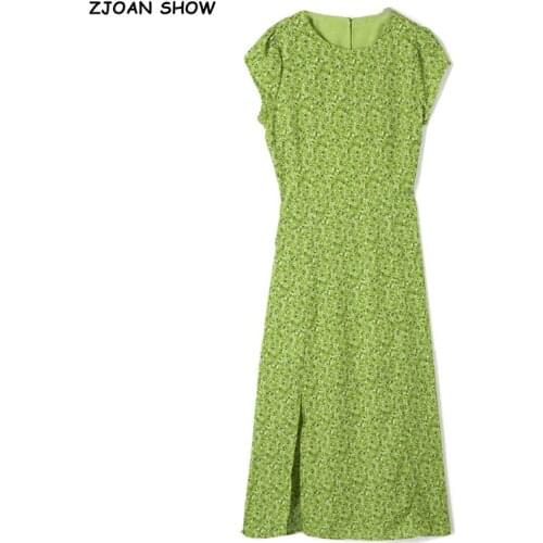 2021 Summer Retro Short Sleeve Green Floral Print Backless Dress for Woman Hollow Out Back Hem Slit Midi Dresses Holiday