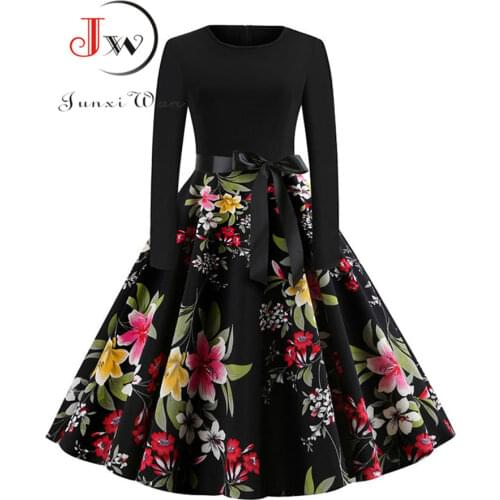 Women Dress Winter Casual Vintage Elegant Christmas Dress Floral Print Office Lady Retro Robe Female Black Party Dress Plus Size