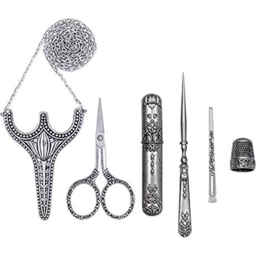 5pcs/ Set Vintage Scissors Antique Crafts Embroidery Sewing Scissors Thimble Needle Case Awl Tailors Scissors Silver