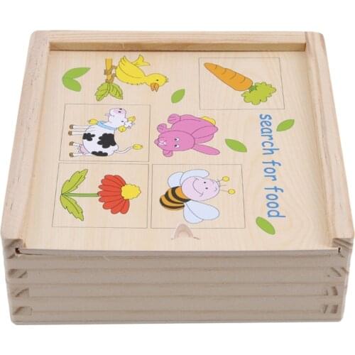 Wood Toys for Children Animal Find Food Matching Jigsaw Puzzle Box Early Ecucational Enlightenment Animal Game Toy Slide Puzzle