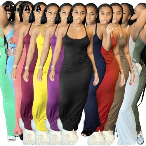 CM.YAYA Women Spaghetti Strap Sleeveless Tank Long Dress for Active Fashion Slim Solid Beach Holiday Maxi Dresses Outfits