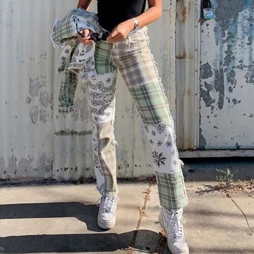 Streetwear E-girl Patchwork Jeans Women Cargo Green Pants Mom Y2K Jeans Baggy Graphic Checkerboard 90S Jean Mom Denim