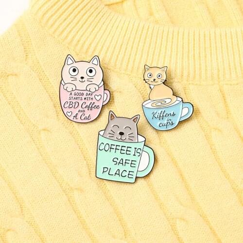 Cup Cats Enamel Pins Catpuccino Coffee Kitten Brooches Cute Animals Lapel Pin Bag Clothes Pet Badge Jewelry Gift for Friends