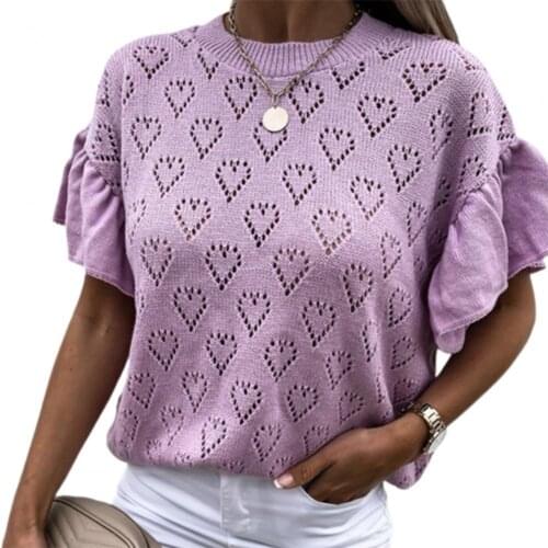 T-shirt Solid Color Knitted Top Women Short Ruffle Sleeve Hollow Heart Blouse for Spring/Summer Streetwear