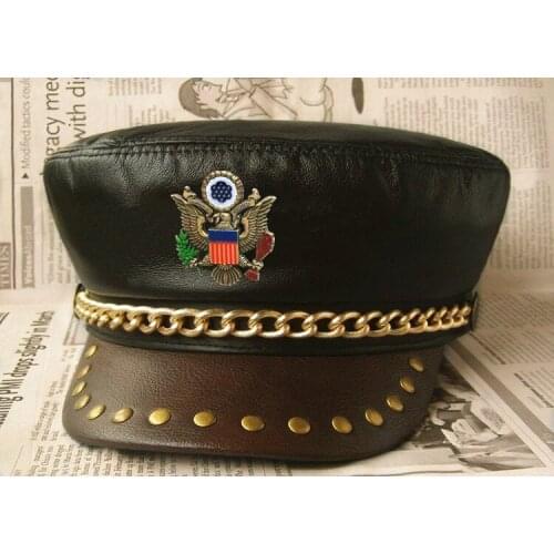 Genuine Leather Captain Hat Luxury Party Cap Real Cowhide Leather Flat Military Hats Metal Badge Black Motorcycle Hat