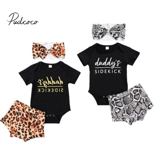 2020 Baby Summer Clothing Baby Short Sleeve Romper + Shorts + Bow Headband, Snake Pattern Letter Stamp Shorts