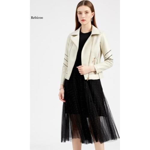 Women Spring Autumn Mustard Green Turn-Down Collar Black Leather Jacket Elegant Faux Leather Jackets Moto Biker Pu Outwear